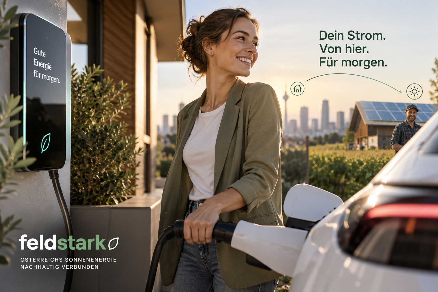 Junge Frau beim Laden ihres Elektroautos; im Hintergrund ein Landwirt und ein Hof mit Photovoltaikanlage.