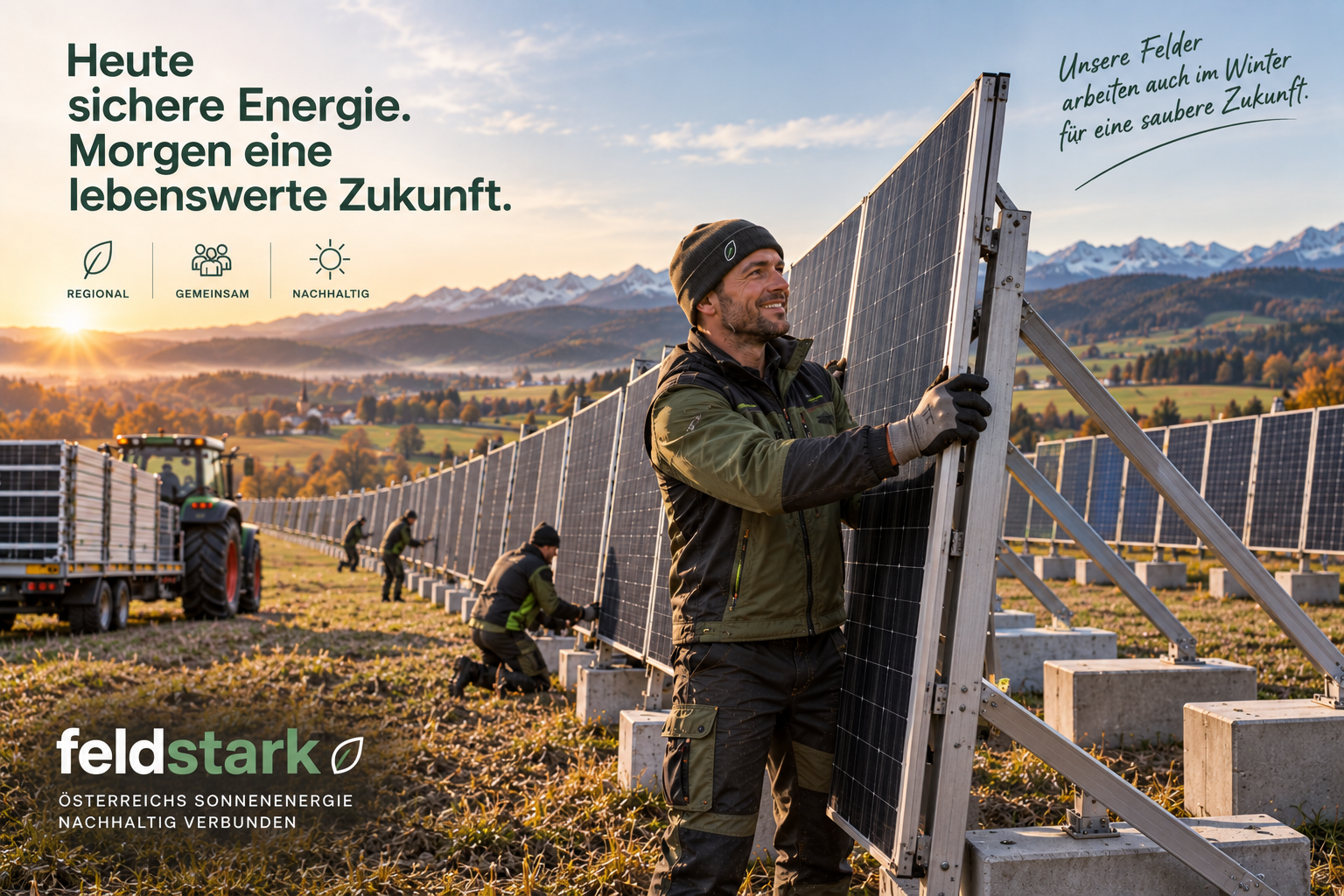 Landwirt beim Aufstellen steil ausgerichteter PV-Module auf einem Feld im Herbst.
