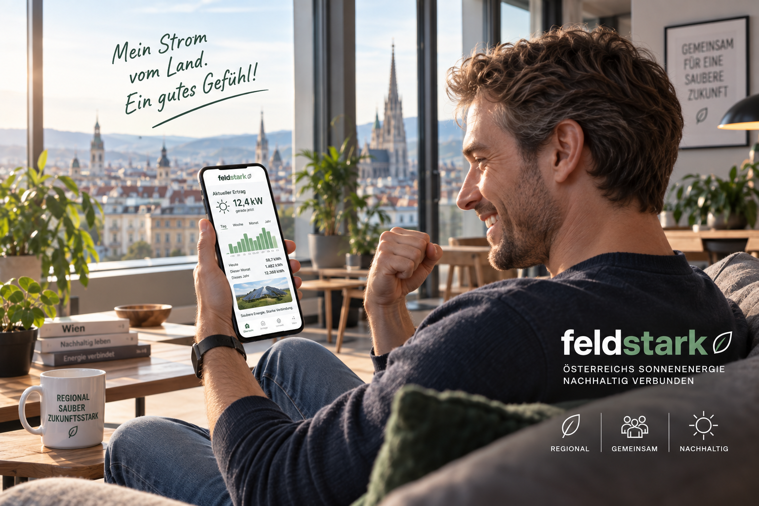Wiener in seiner Wohnung mit Blick auf die Stadt: Auf seinem Handy sieht er den Ertrag seiner virtuellen PV-Anlage.